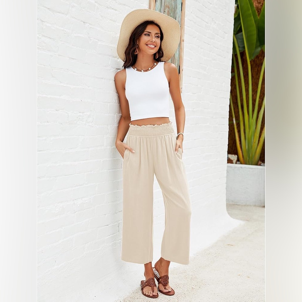 Vintage Wide Leg Cropped High Waist Linen Blend Pants Vacation Resort Summer